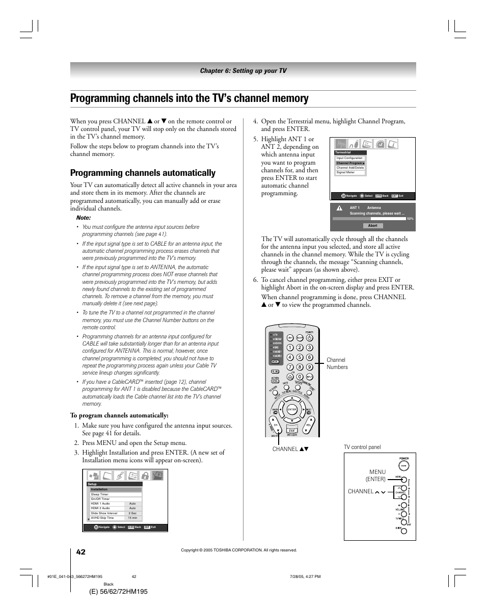 Programming channels automatically | Toshiba 56HM195 User Manual | Page 42 / 112