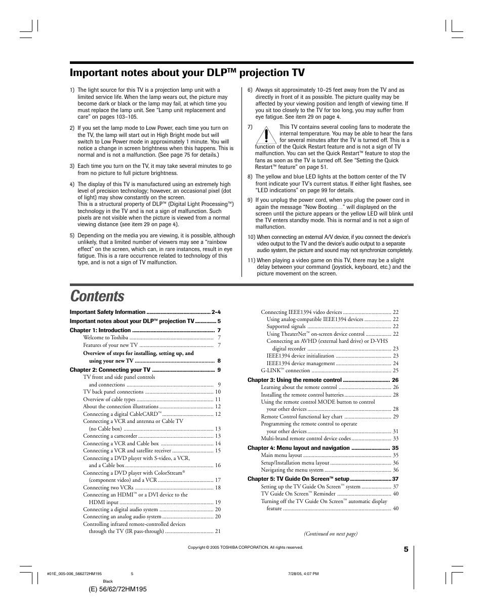 Toshiba 56HM195 User Manual | Page 5 / 112