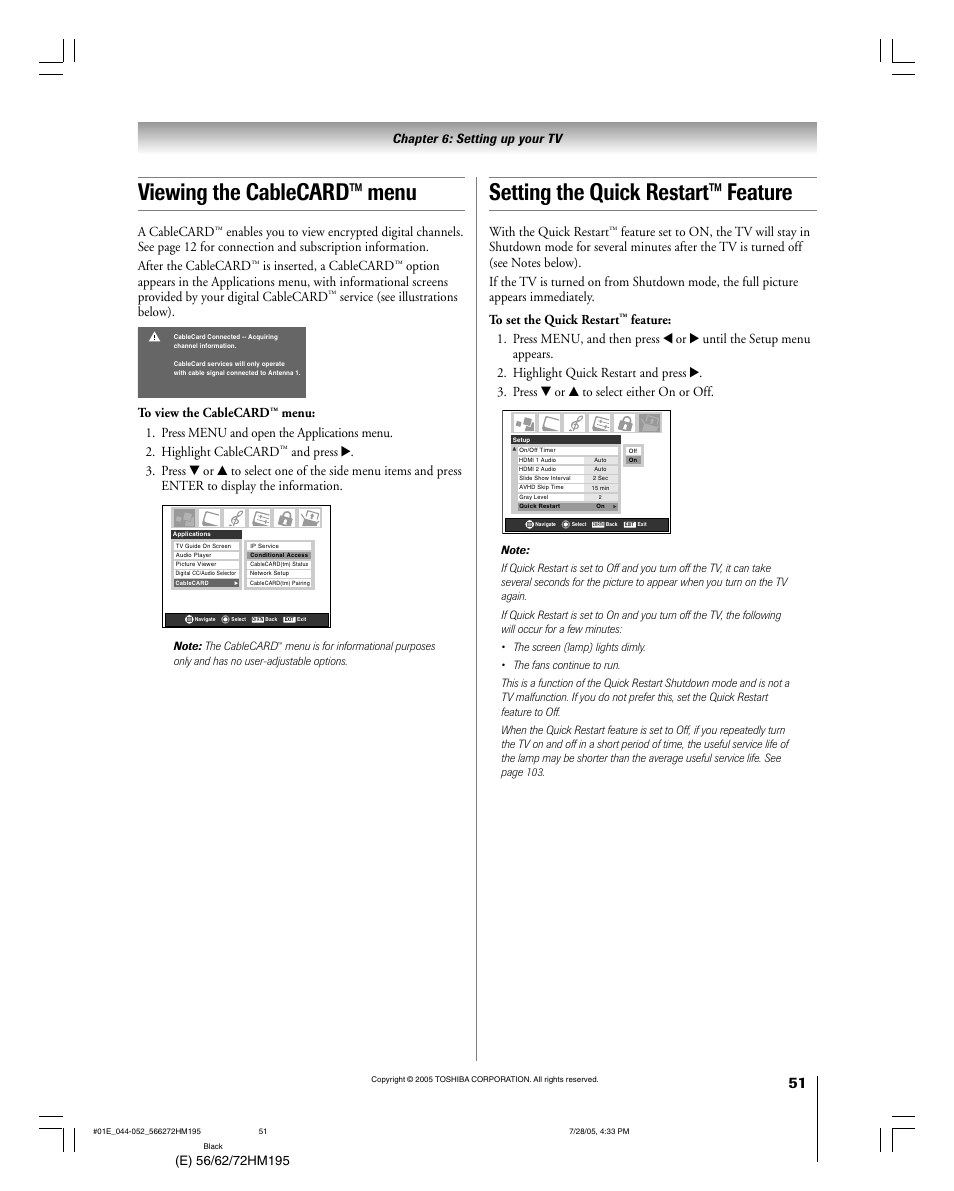 Viewing the cablecard™ menu, Setting the quick restart™ feature, A cablecard | Is inserted, a cablecard, Service (see illustrations below), Chapter 6: setting up your tv, With the quick restart | Toshiba 56HM195 User Manual | Page 51 / 112