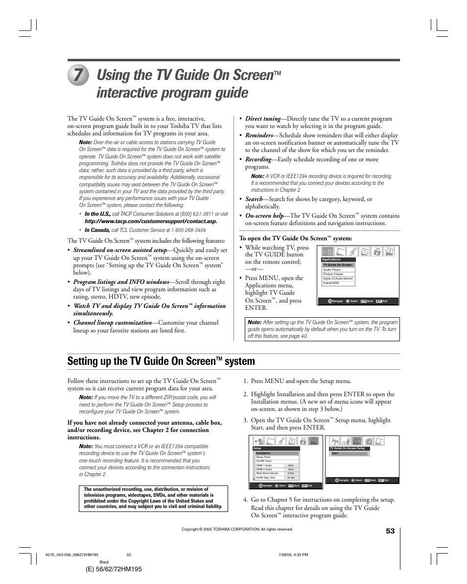 Using the tv guide on screen, Interactive program guide, Setting up the tv guide on screen™ system | Toshiba 56HM195 User Manual | Page 53 / 112
