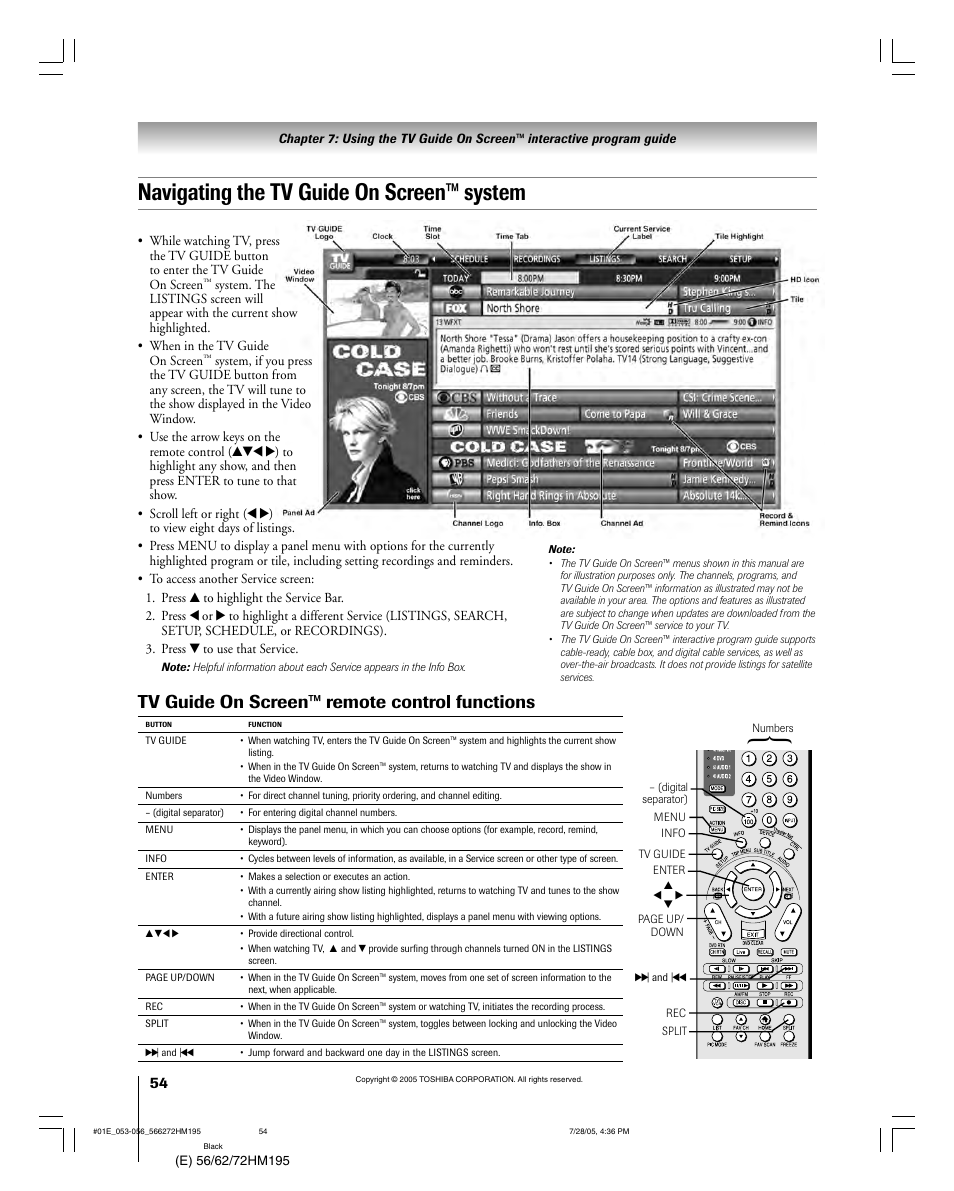 Navigating the tv guide on screen™ system, Tv guide on screen™ remote control functions | Toshiba 56HM195 User Manual | Page 54 / 112