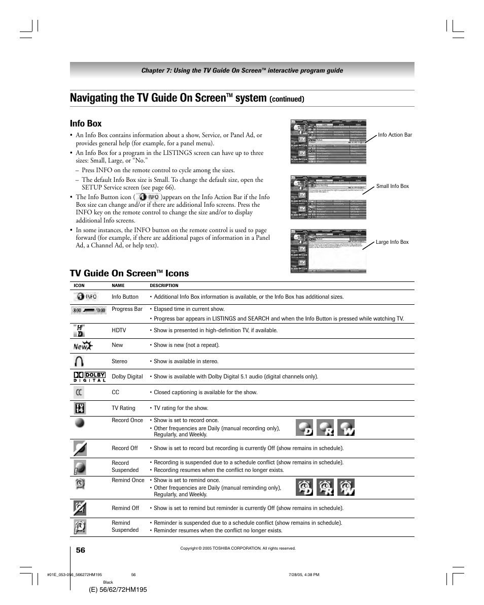 Navigating the tv guide on screen™ system, Tv guide on screen™ icons, Info box | Continued) | Toshiba 56HM195 User Manual | Page 56 / 112