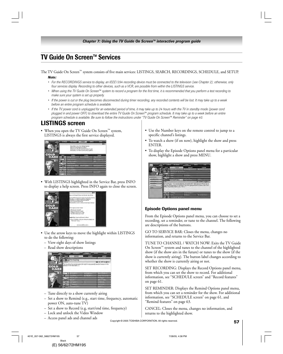 Tv guide on screen™ services, Listings screen | Toshiba 56HM195 User Manual | Page 57 / 112