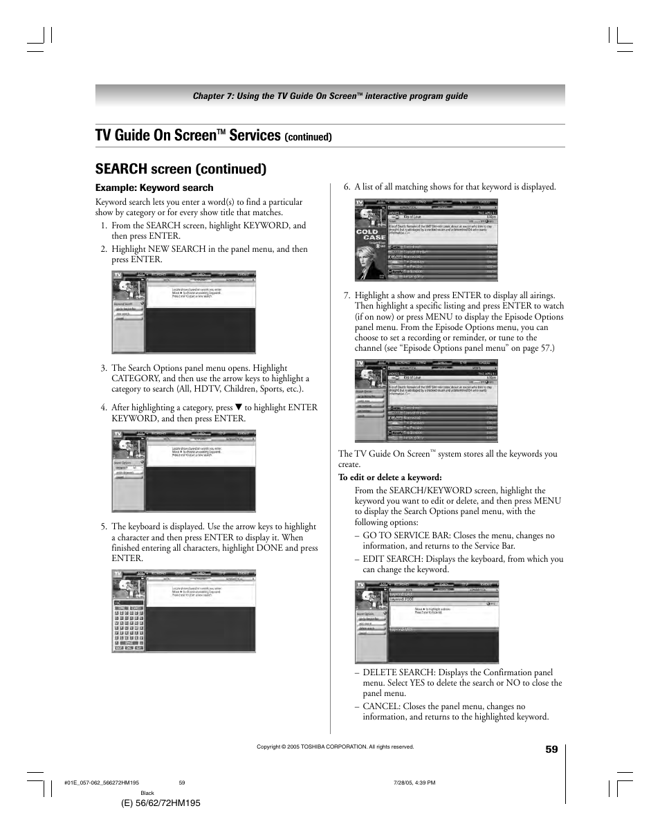 Tv guide on screen™ services, Search screen (continued) | Toshiba 56HM195 User Manual | Page 59 / 112