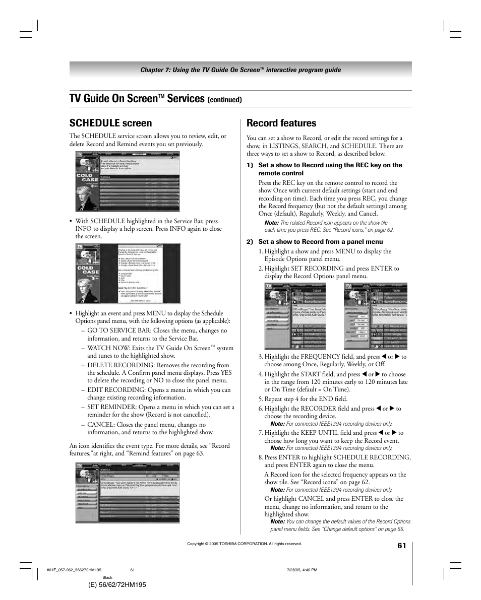 Tv guide on screen™ services, Schedule screen, Record features | Toshiba 56HM195 User Manual | Page 61 / 112