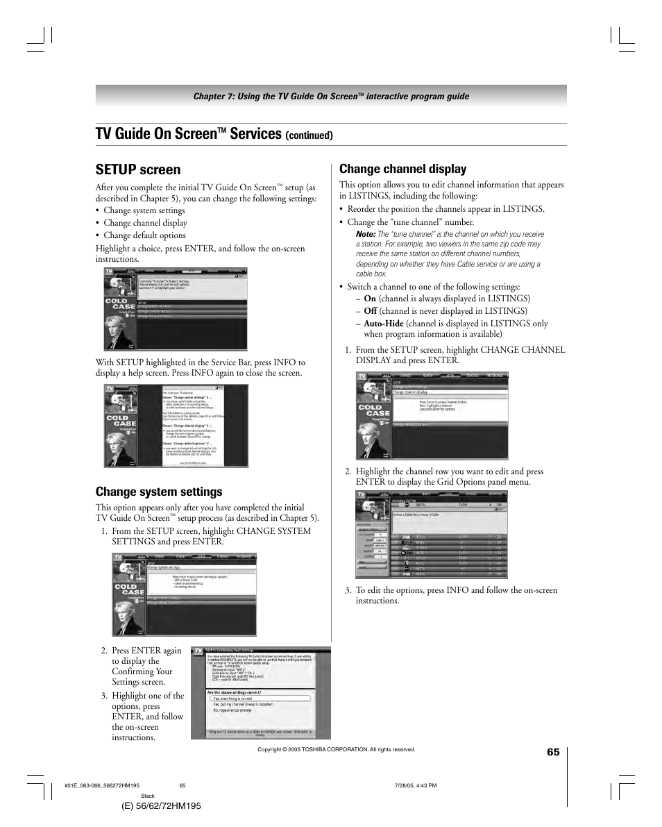 Tv guide on screen™ services, Setup screen, Change system settings | Change channel display | Toshiba 56HM195 User Manual | Page 65 / 112