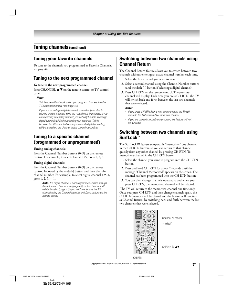 Tuning channels, Tuning your favorite channels, Tuning to the next programmed channel | Switching between two channels using surflock | Toshiba 56HM195 User Manual | Page 71 / 112