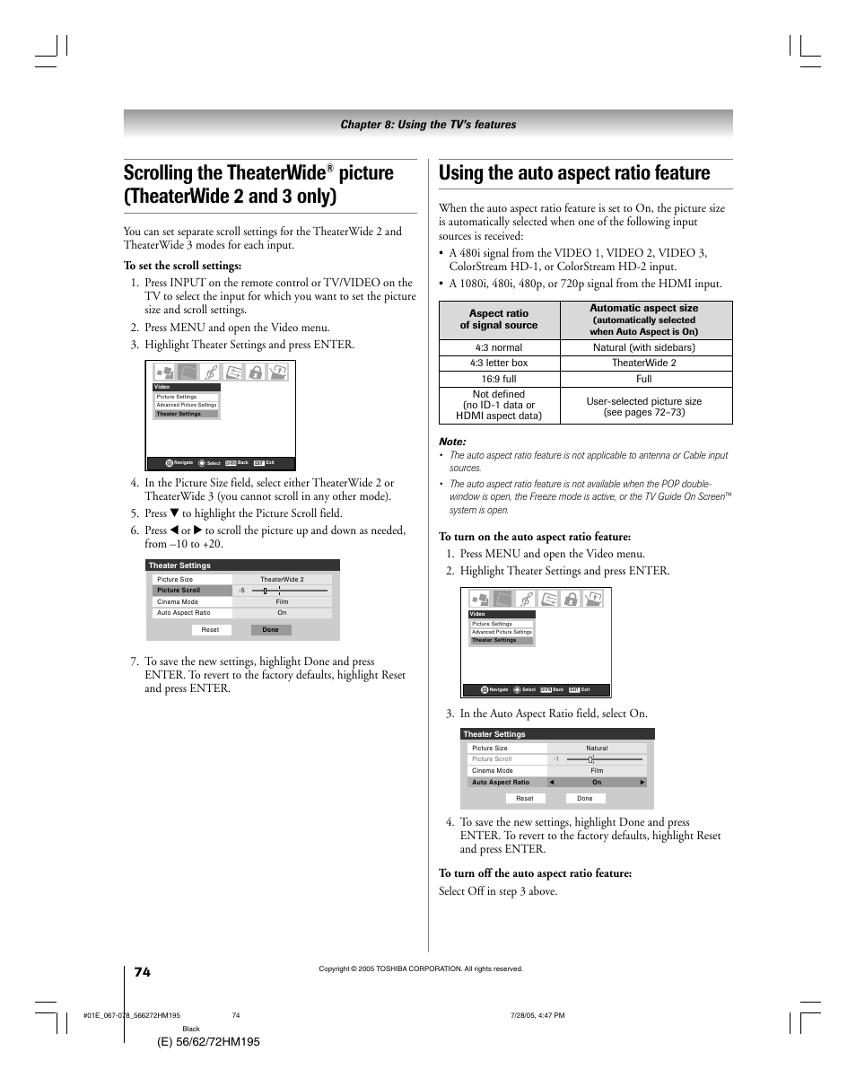 Using the auto aspect ratio feature, Scrolling the theaterwide, Picture (theaterwide 2 and 3 only) | Toshiba 56HM195 User Manual | Page 74 / 112