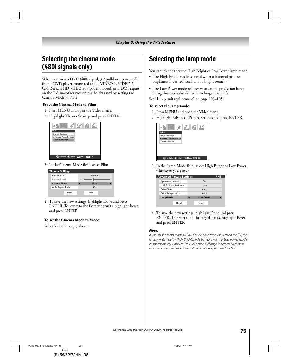 Selecting the lamp mode, Selecting the cinema mode (480i signals only) | Toshiba 56HM195 User Manual | Page 75 / 112