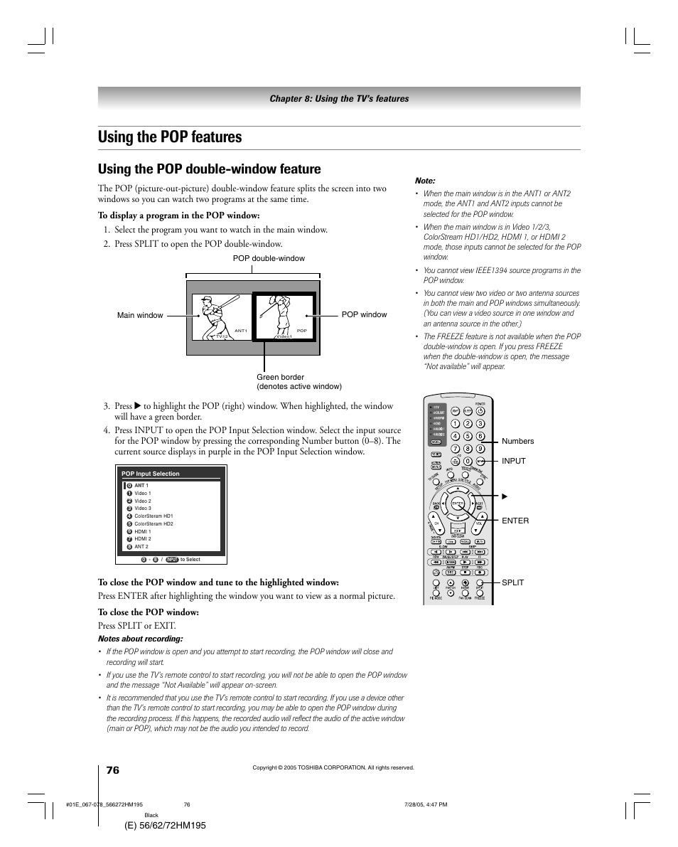 Using the pop features, Using the pop double-window feature | Toshiba 56HM195 User Manual | Page 76 / 112