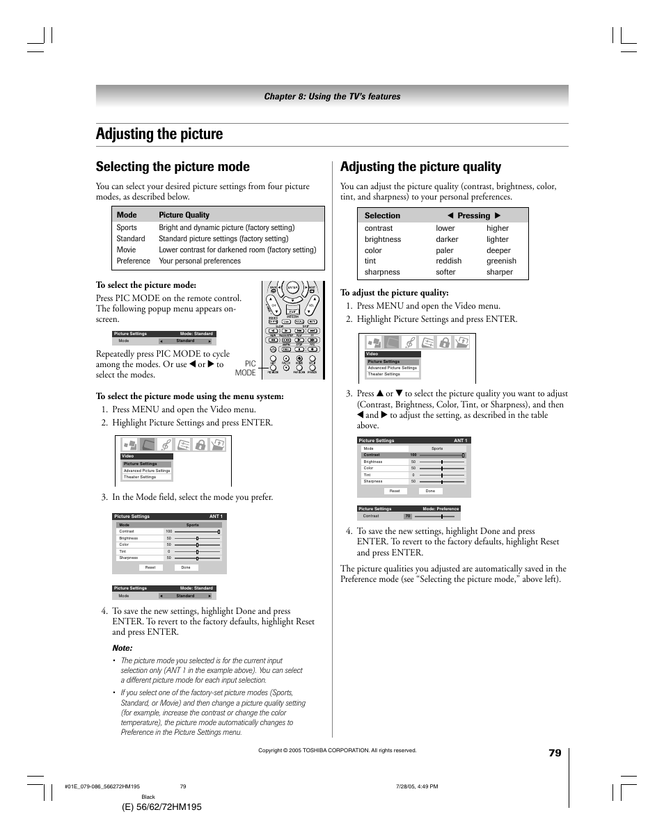 Adjusting the picture, Selecting the picture mode, Adjusting the picture quality | Chapter 8: using the tv’s features | Toshiba 56HM195 User Manual | Page 79 / 112