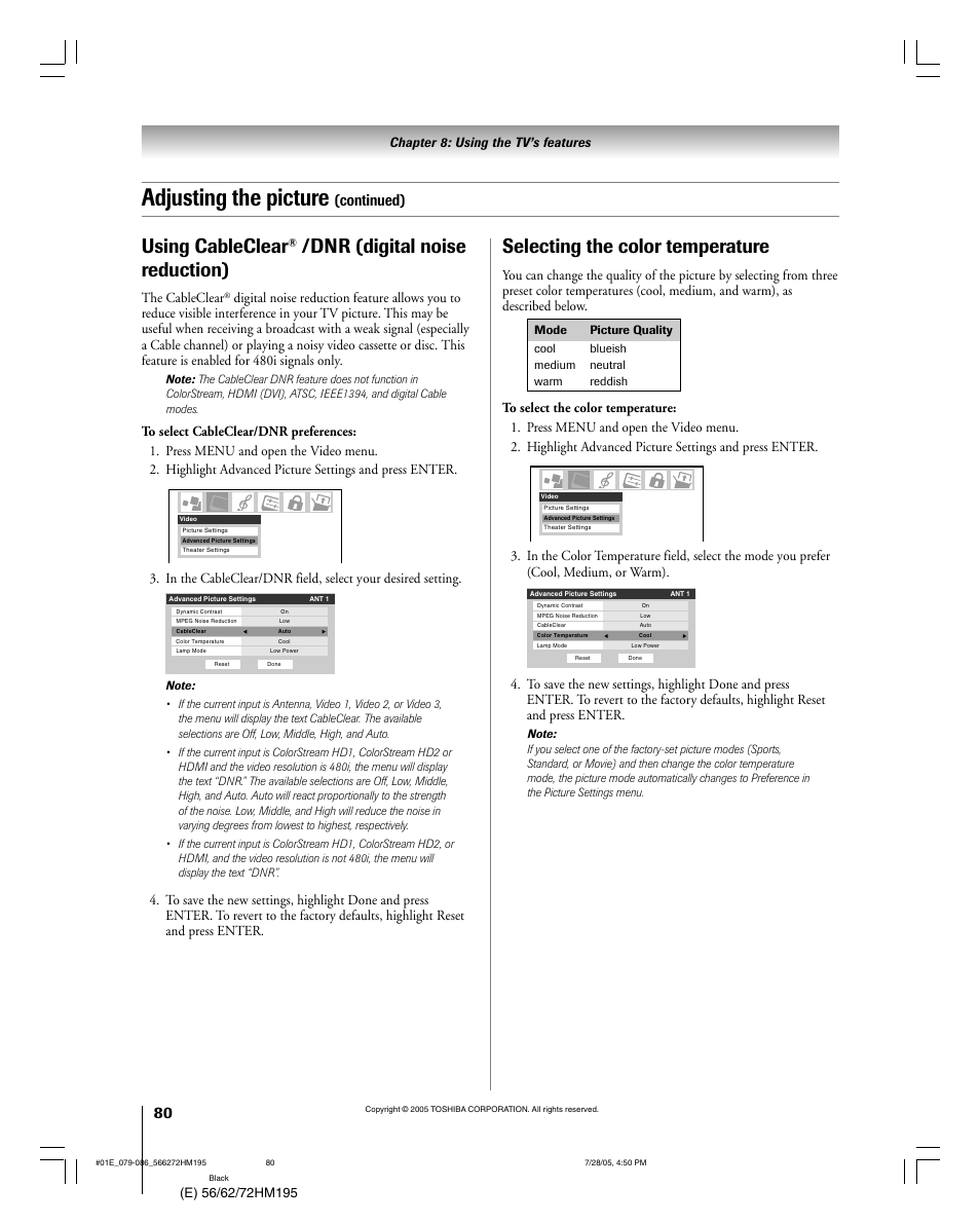 Adjusting the picture, Using cableclear, Dnr (digital noise reduction) | Selecting the color temperature, Continued), Chapter 8: using the tv’s features, The cableclear | Toshiba 56HM195 User Manual | Page 80 / 112