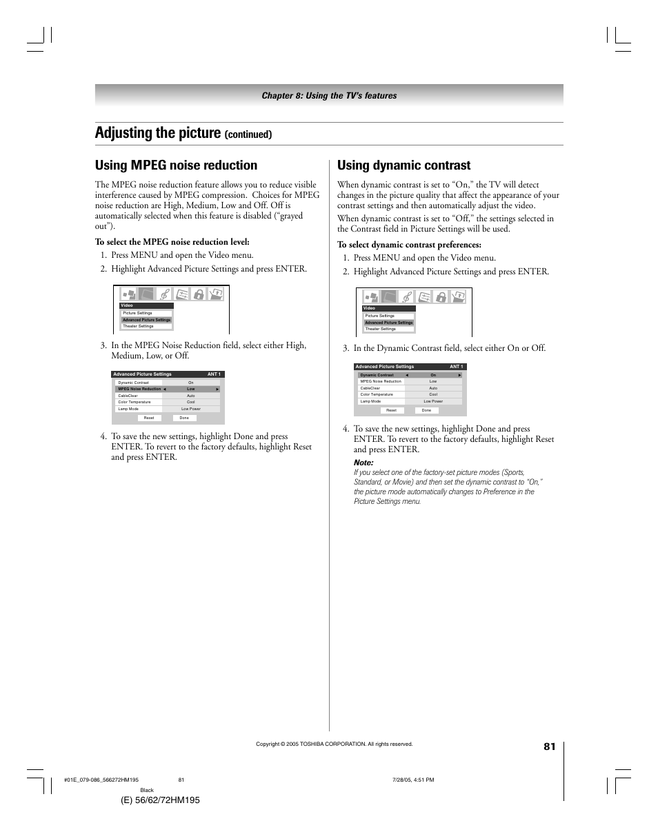 Adjusting the picture, Using mpeg noise reduction, Using dynamic contrast | Continued), Chapter 8: using the tv’s features | Toshiba 56HM195 User Manual | Page 81 / 112