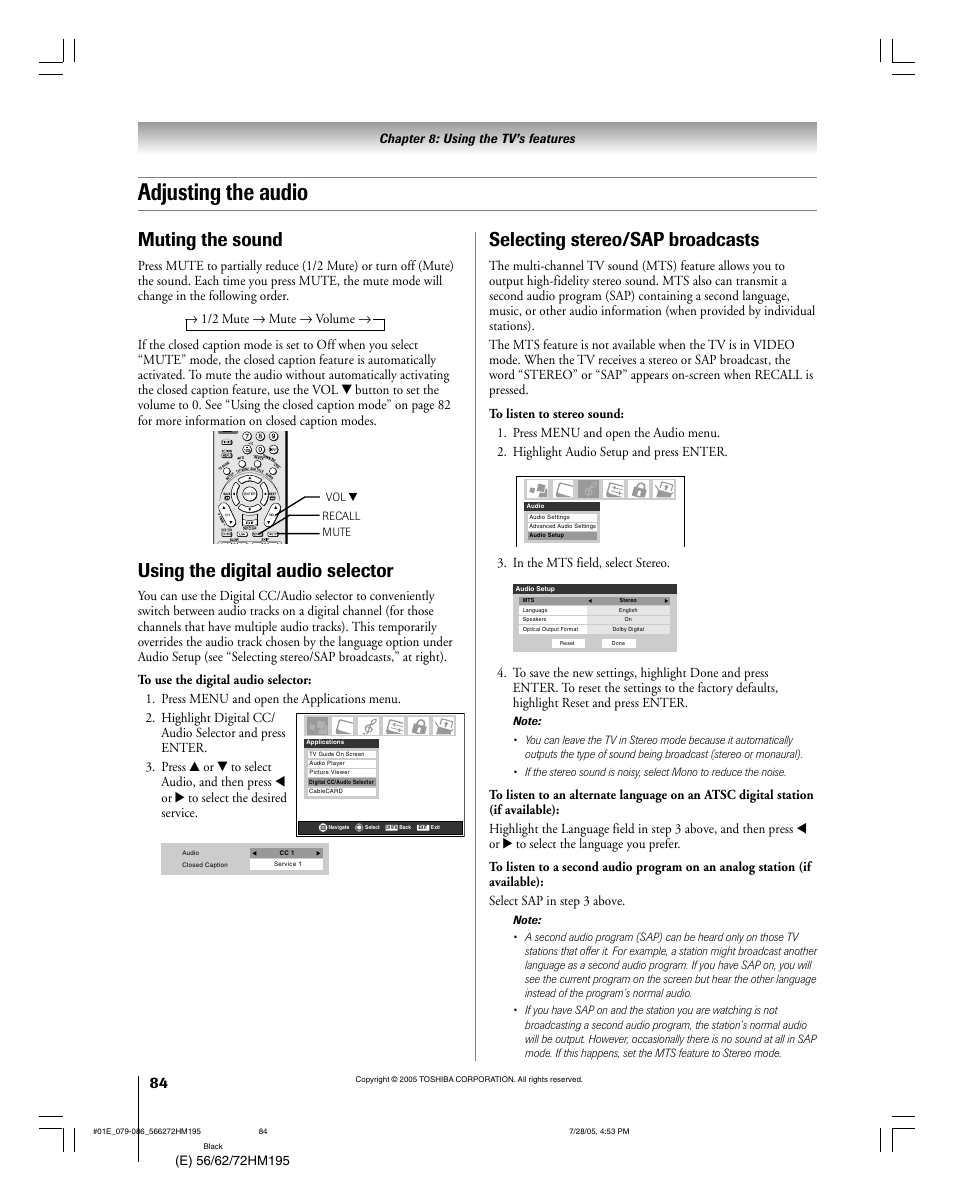 Adjusting the audio, Muting the sound, Selecting stereo/sap broadcasts | Using the digital audio selector | Toshiba 56HM195 User Manual | Page 84 / 112