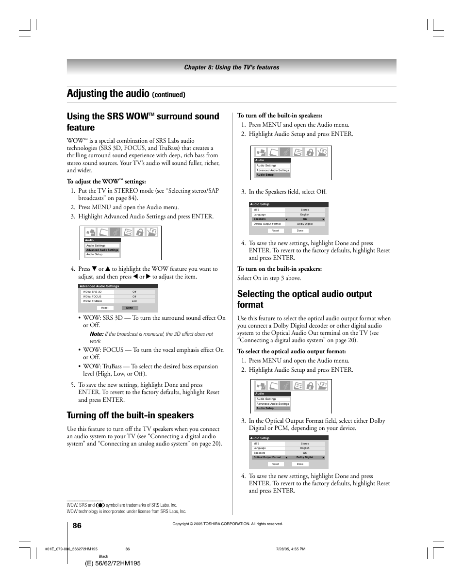 Adjusting the audio, Using the srs wow™ surround sound feature, Turning off the built-in speakers | Selecting the optical audio output format, Continued), Chapter 8: using the tv’s features | Toshiba 56HM195 User Manual | Page 86 / 112
