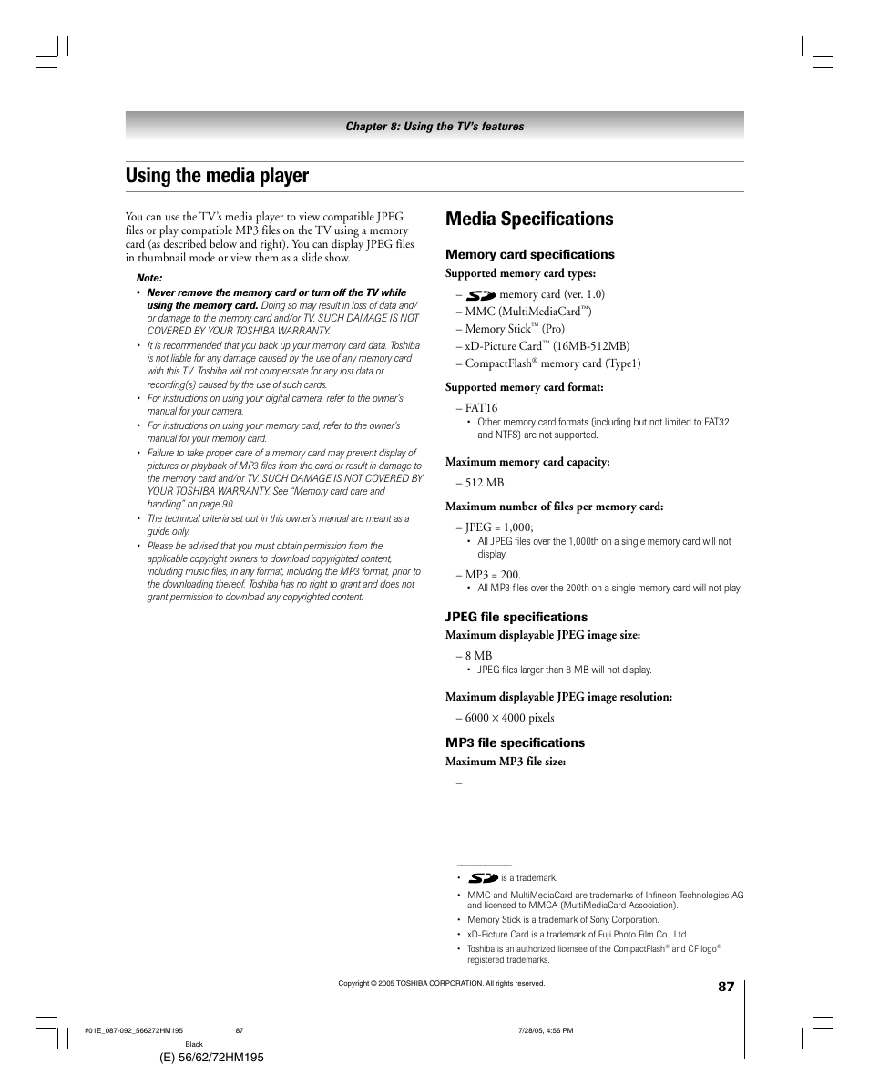 Using the media player, Media specifications | Toshiba 56HM195 User Manual | Page 87 / 112