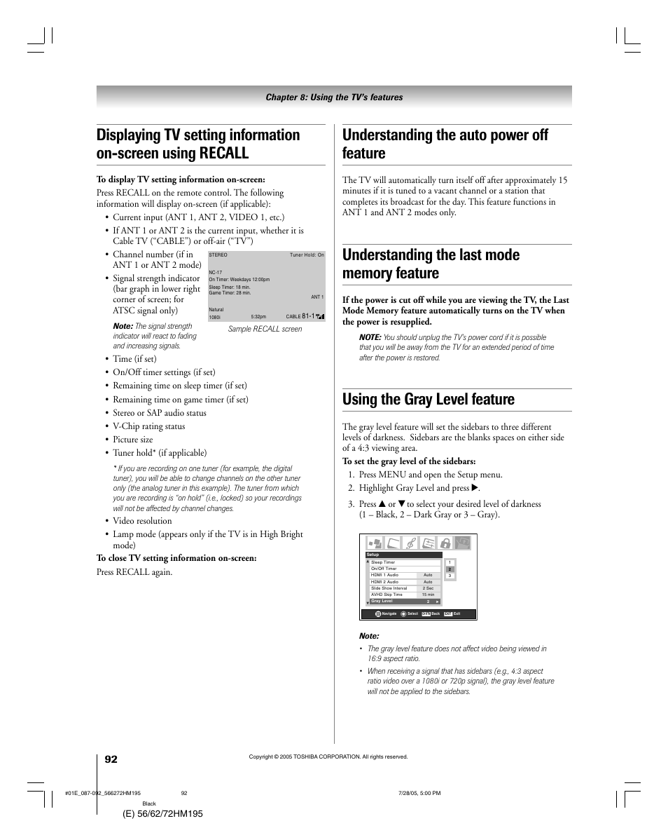 Understanding the auto power off feature, Using the gray level feature | Toshiba 56HM195 User Manual | Page 92 / 112