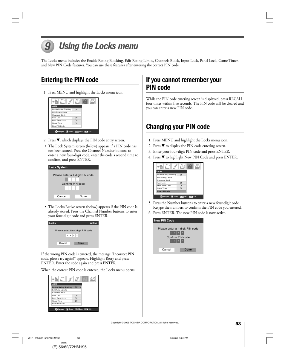 Using the locks menu, If you cannot remember your pin code, Entering the pin code changing your pin code | Toshiba 56HM195 User Manual | Page 93 / 112