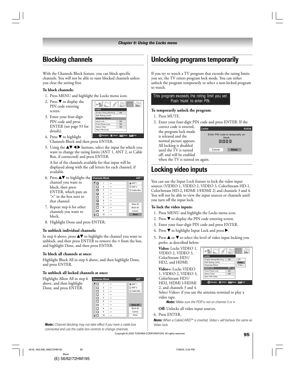 Locking video inputs, Blocking channels, Unlocking programs temporarily | Chapter 9: using the locks menu | Toshiba 56HM195 User Manual | Page 95 / 112