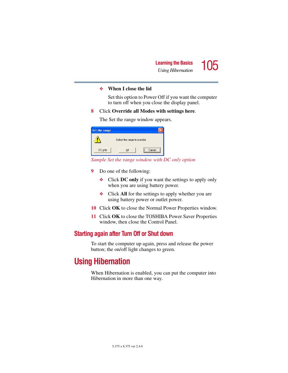 Starting again after turn off or shut down, Using hibernation | Toshiba Satellite 2415 Series User Manual | Page 105 / 279