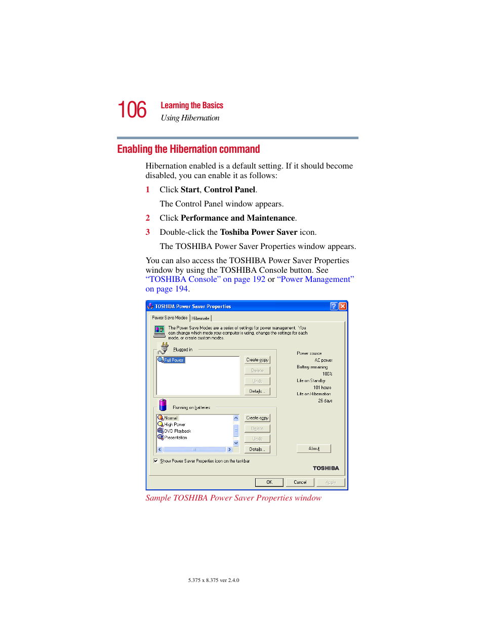 Enabling the hibernation command | Toshiba Satellite 2415 Series User Manual | Page 106 / 279