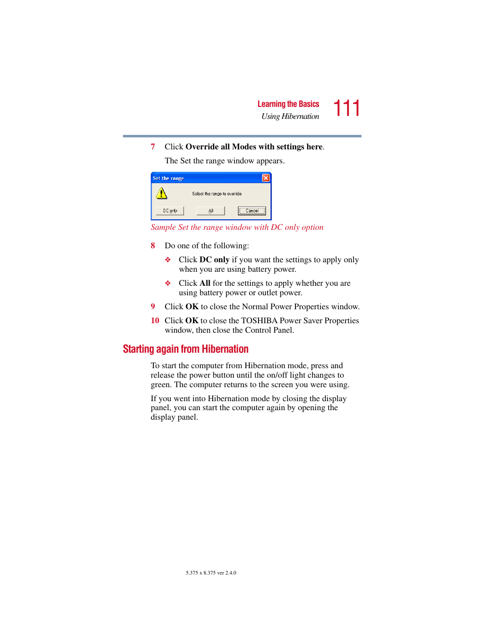 Starting again from hibernation | Toshiba Satellite 2415 Series User Manual | Page 111 / 279