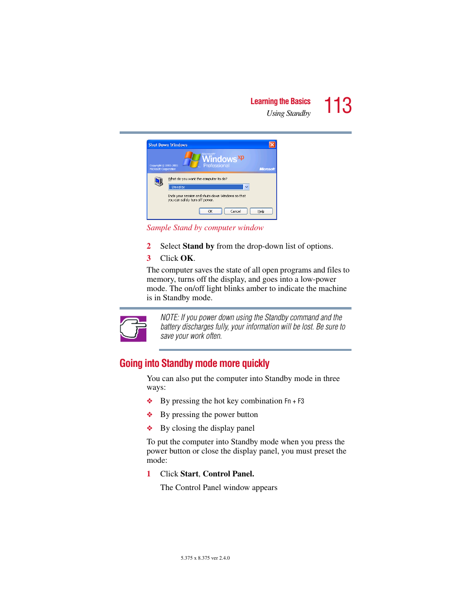 Going into standby mode more quickly | Toshiba Satellite 2415 Series User Manual | Page 113 / 279