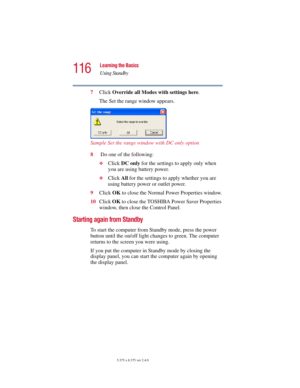 Starting again from standby | Toshiba Satellite 2415 Series User Manual | Page 116 / 279