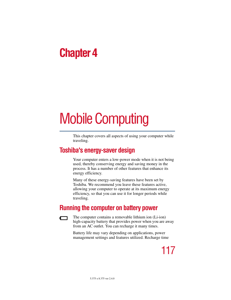 Chapter 4: mobile computing, Toshiba's energy-saver design, Running the computer on battery power | Mobile computing, Chapter 4 | Toshiba Satellite 2415 Series User Manual | Page 117 / 279