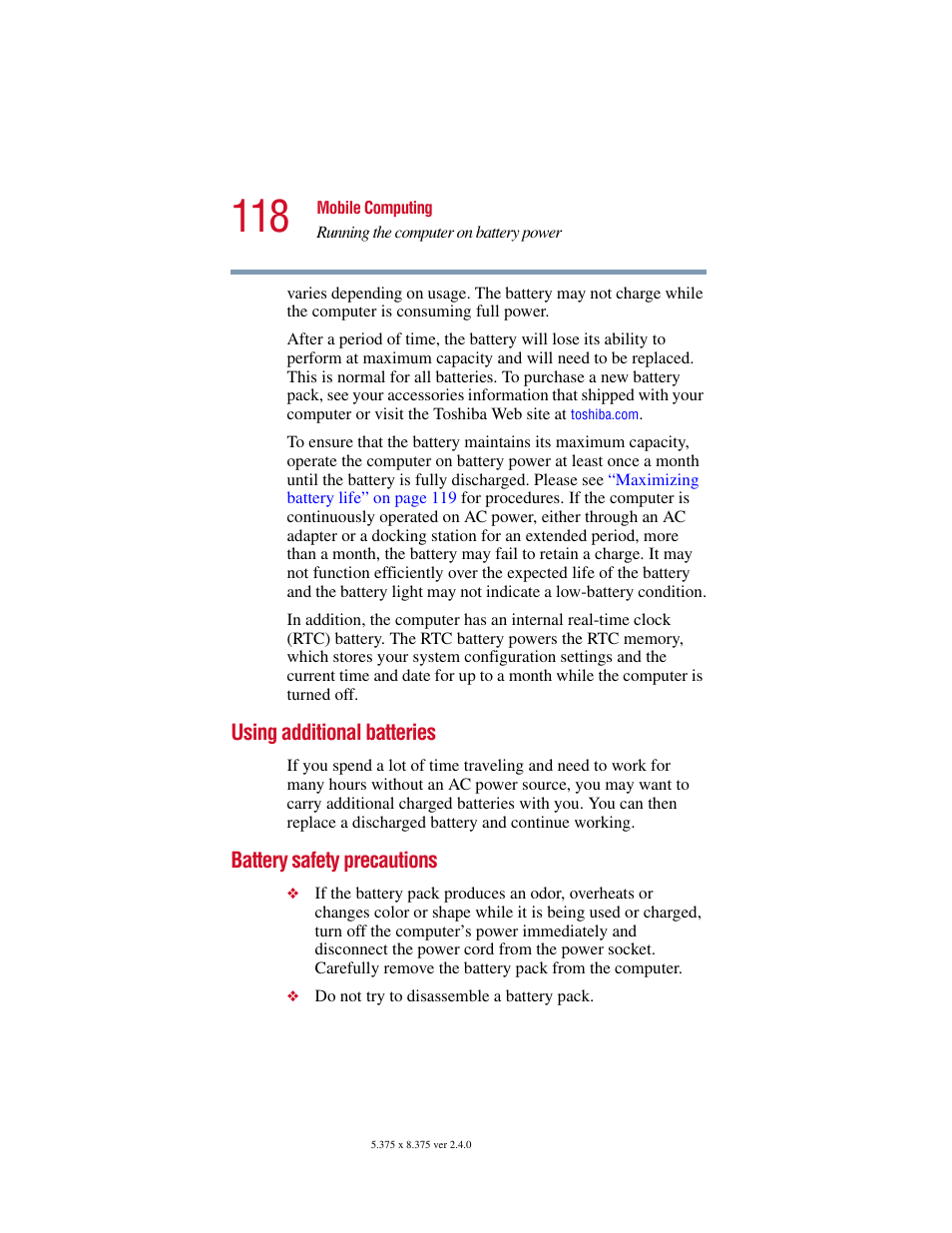 Using additional batteries, Battery safety precautions | Toshiba Satellite 2415 Series User Manual | Page 118 / 279