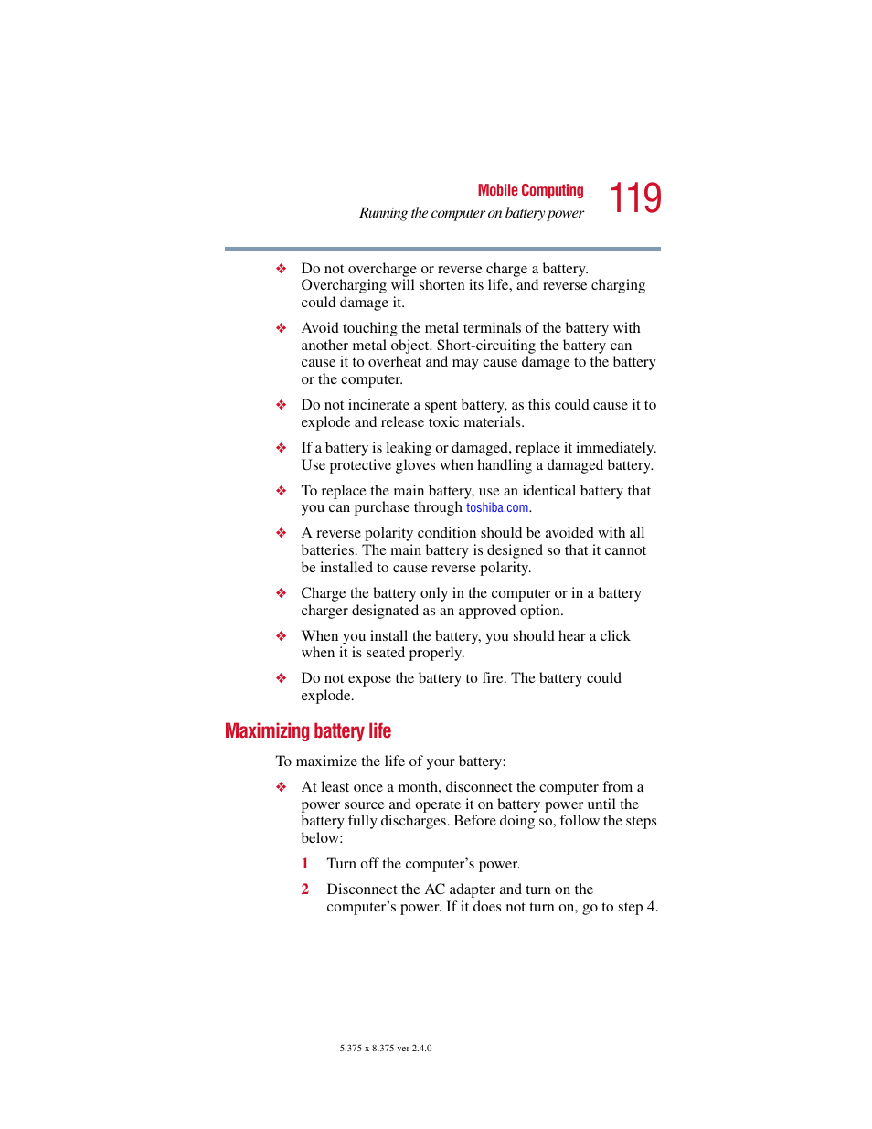Maximizing battery life, Please see, Maximizing | Toshiba Satellite 2415 Series User Manual | Page 119 / 279