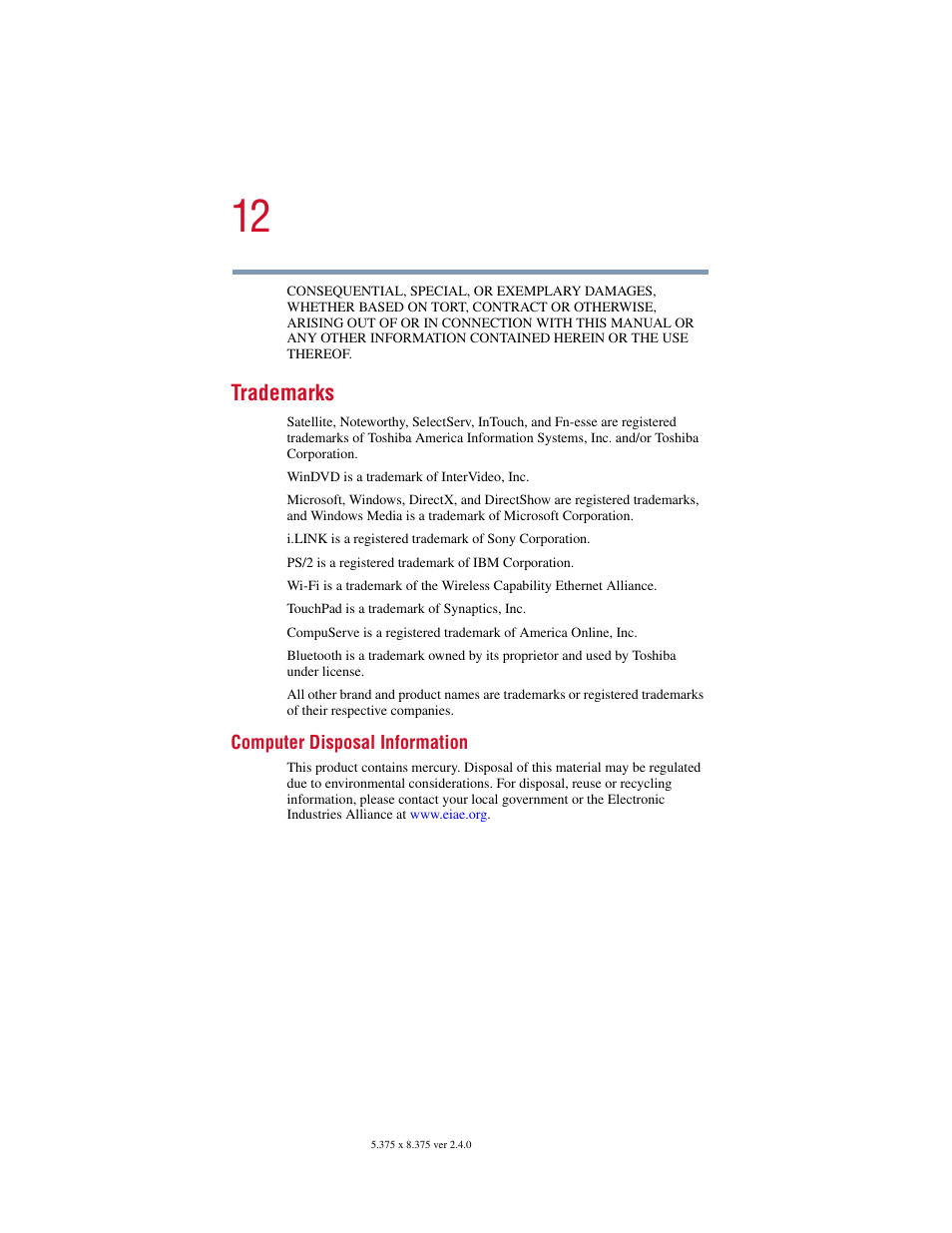 Trademarks | Toshiba Satellite 2415 Series User Manual | Page 12 / 279