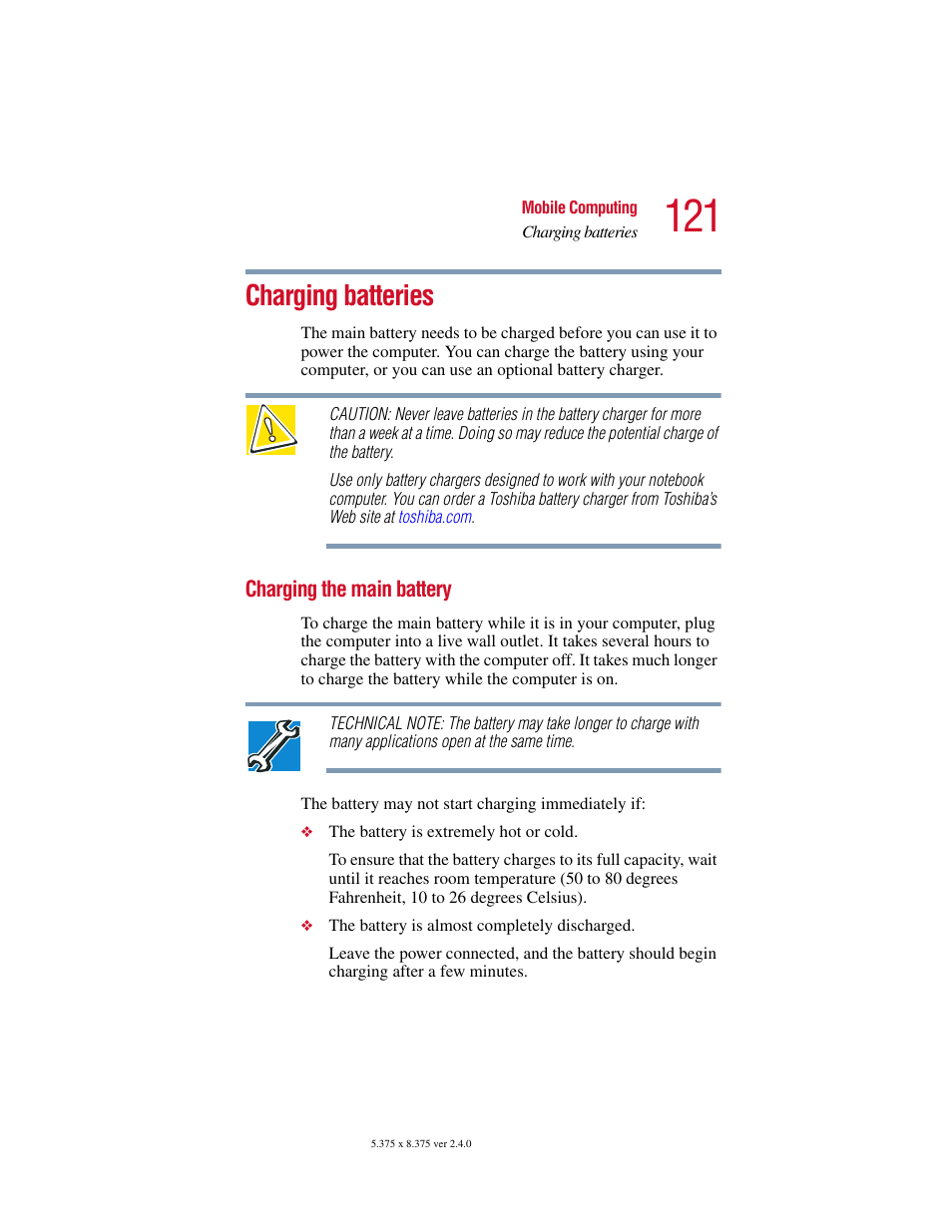 Charging batteries, Charging the main battery | Toshiba Satellite 2415 Series User Manual | Page 121 / 279