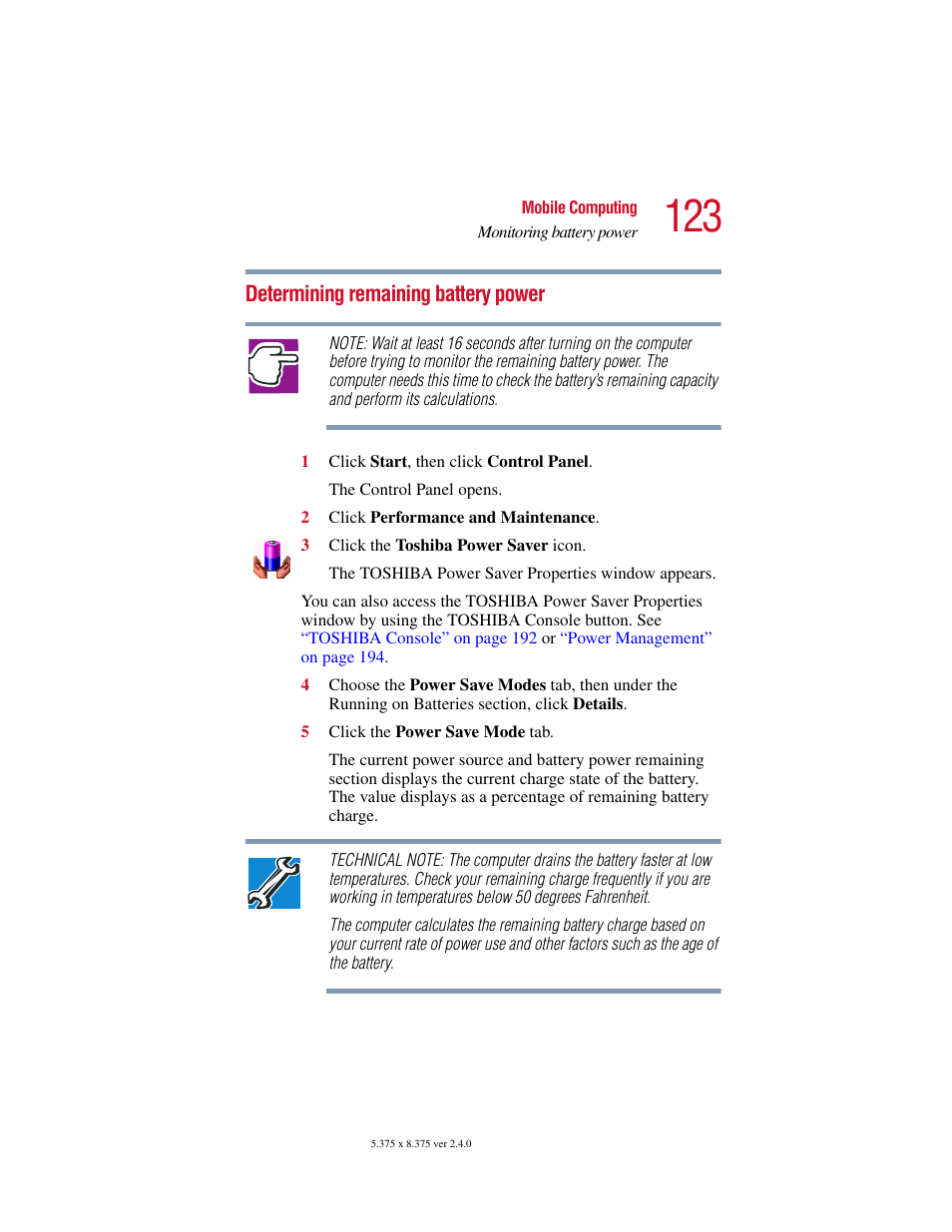 Determining remaining battery power | Toshiba Satellite 2415 Series User Manual | Page 123 / 279