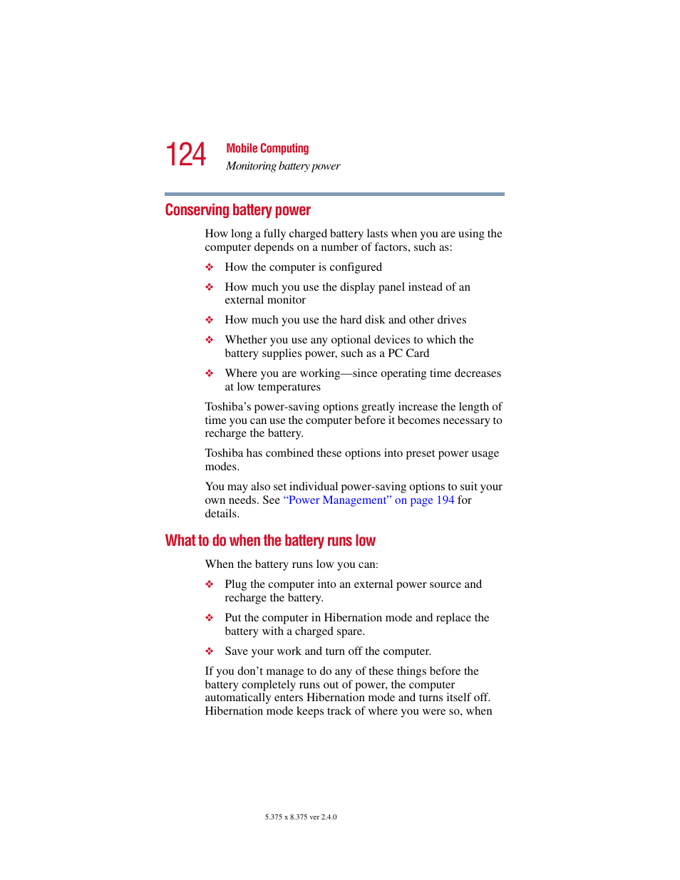 Conserving battery power, What to do when the battery runs low | Toshiba Satellite 2415 Series User Manual | Page 124 / 279