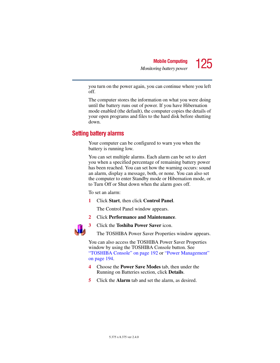 Setting battery alarms | Toshiba Satellite 2415 Series User Manual | Page 125 / 279