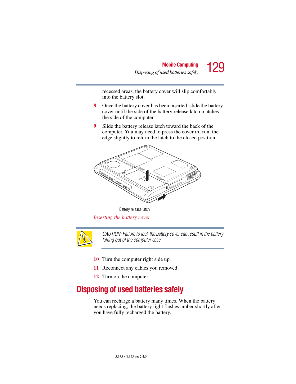 Disposing of used batteries safely | Toshiba Satellite 2415 Series User Manual | Page 129 / 279