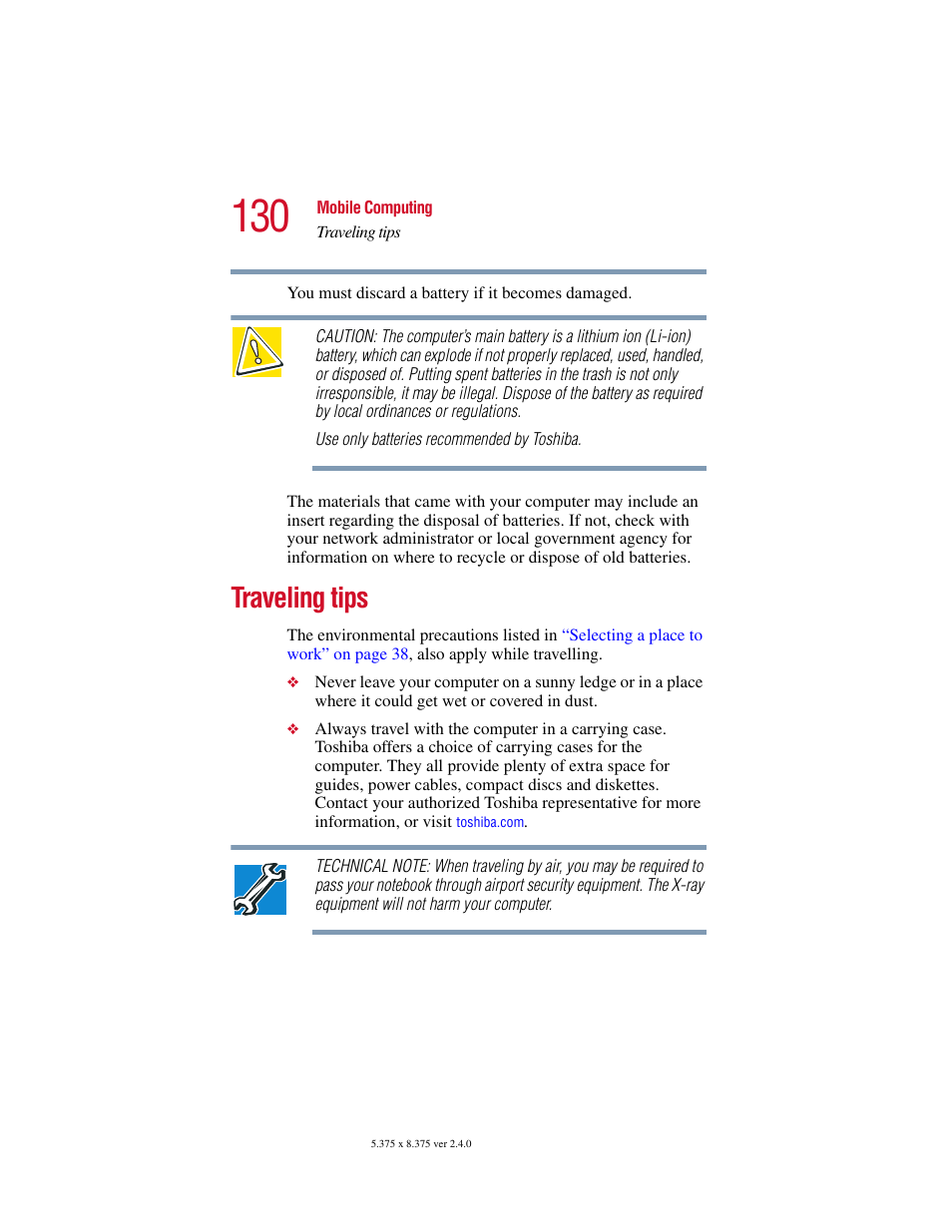 Traveling tips | Toshiba Satellite 2415 Series User Manual | Page 130 / 279