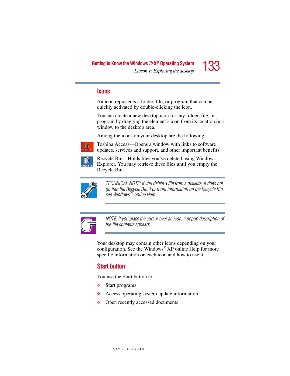 Icons, Start button | Toshiba Satellite 2415 Series User Manual | Page 133 / 279