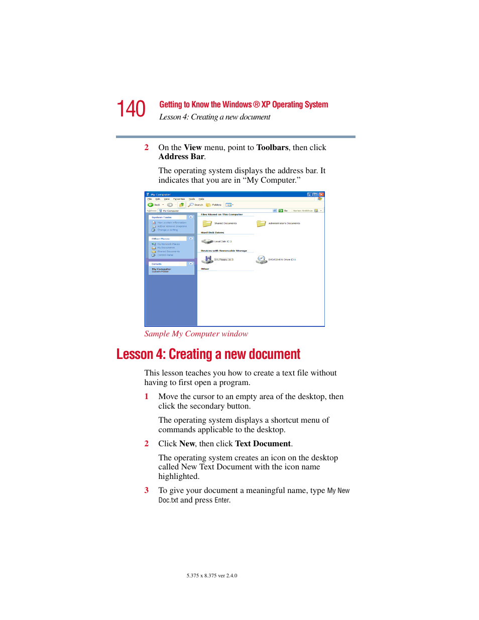 Lesson 4: creating a new document | Toshiba Satellite 2415 Series User Manual | Page 140 / 279