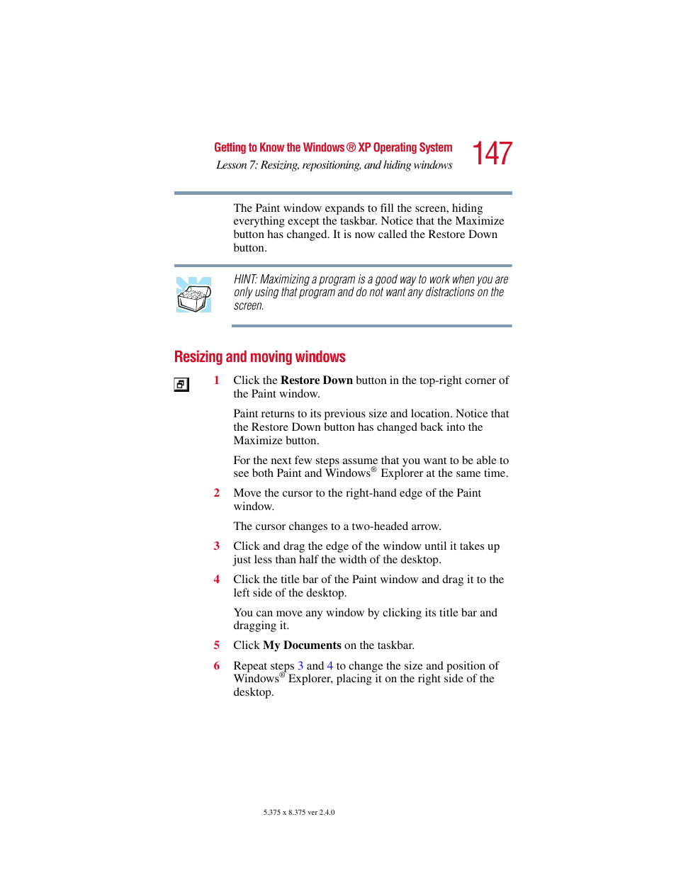 Resizing and moving windows | Toshiba Satellite 2415 Series User Manual | Page 147 / 279