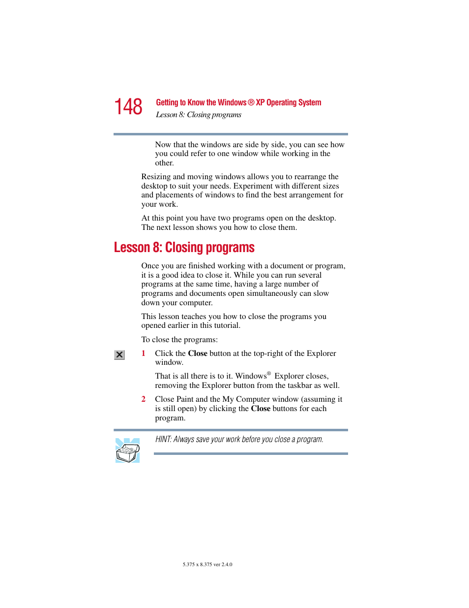 Lesson 8: closing programs | Toshiba Satellite 2415 Series User Manual | Page 148 / 279