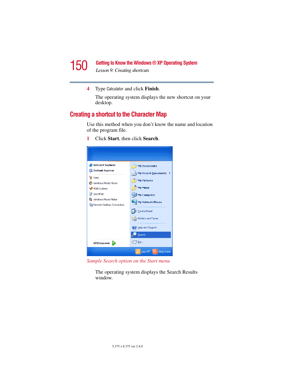 Creating a shortcut to the character map | Toshiba Satellite 2415 Series User Manual | Page 150 / 279