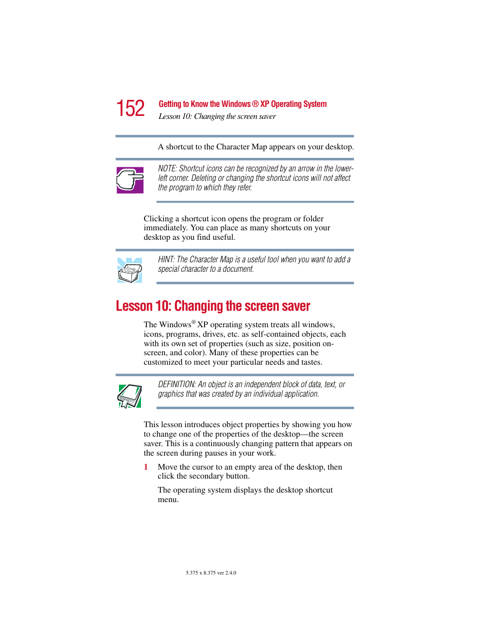 Lesson 10: changing the screen saver | Toshiba Satellite 2415 Series User Manual | Page 152 / 279