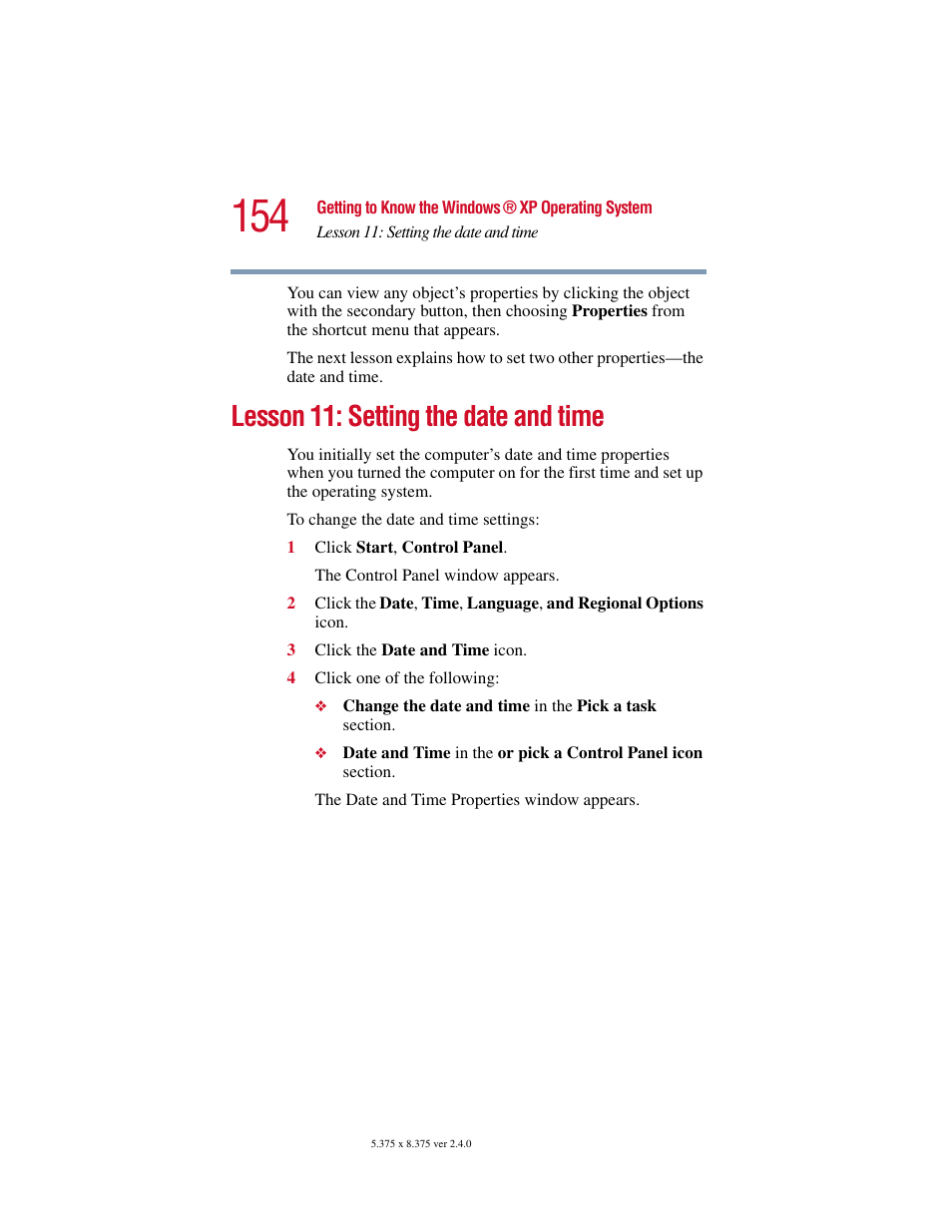 Lesson 11: setting the date and time | Toshiba Satellite 2415 Series User Manual | Page 154 / 279