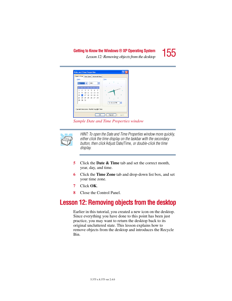 Lesson 12: removing objects from the desktop | Toshiba Satellite 2415 Series User Manual | Page 155 / 279