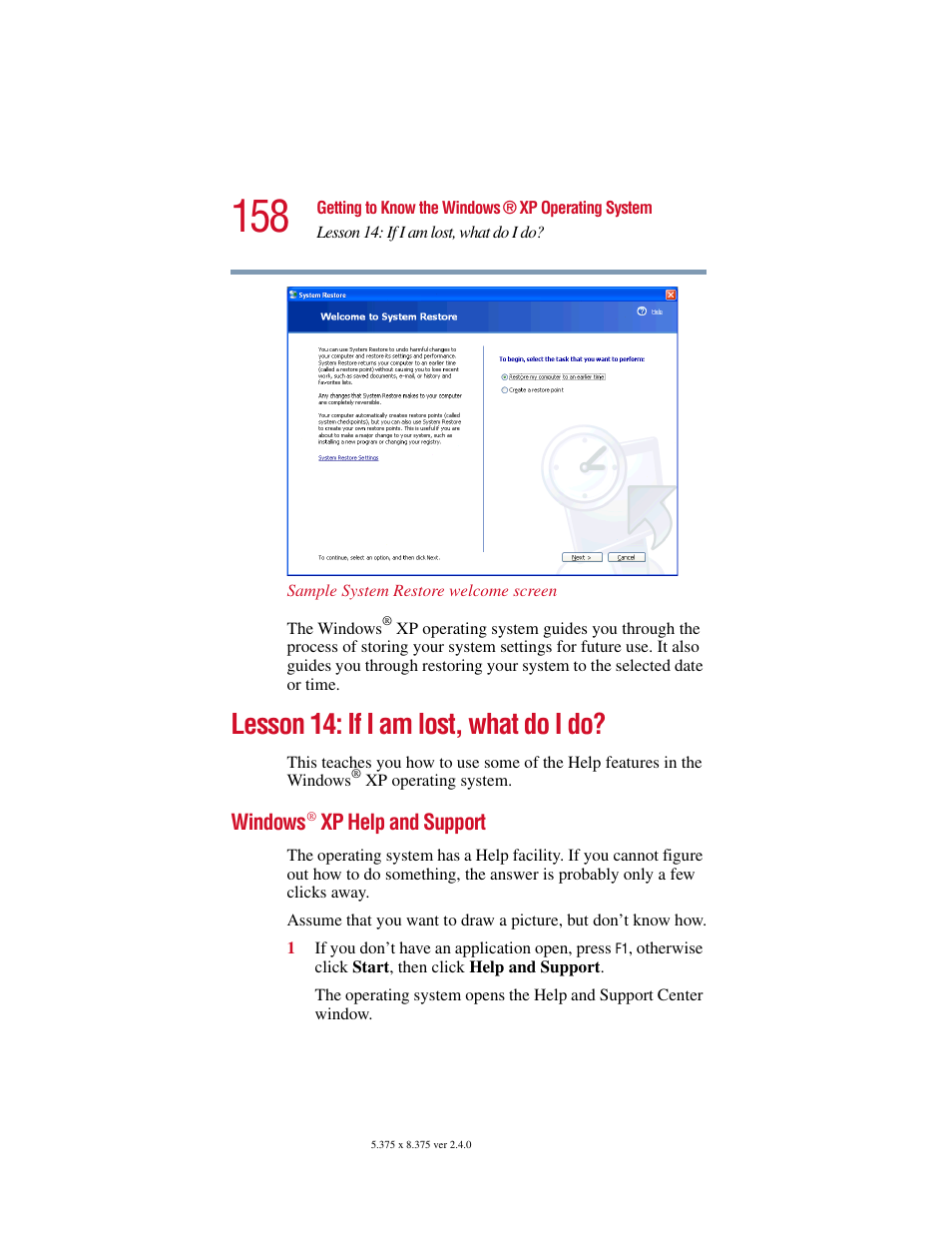 Lesson 14: if i am lost, what do i do, Windows® xp help and support, Windows | Toshiba Satellite 2415 Series User Manual | Page 158 / 279