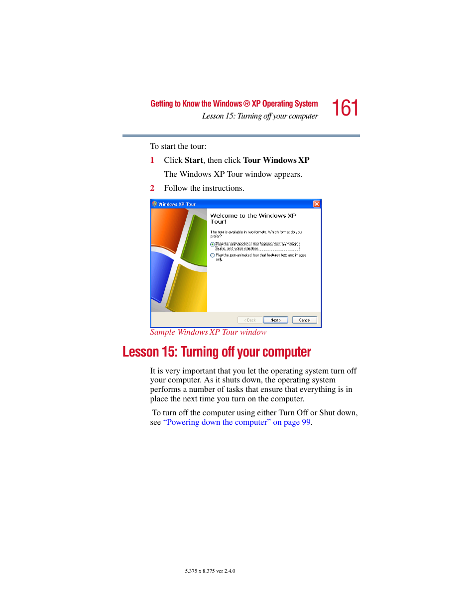 Lesson 15: turning off your computer | Toshiba Satellite 2415 Series User Manual | Page 161 / 279