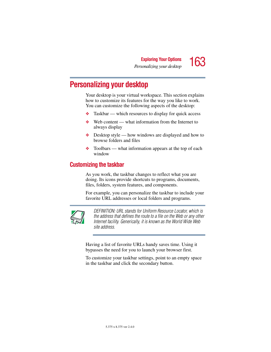 Personalizing your desktop, Customizing the taskbar | Toshiba Satellite 2415 Series User Manual | Page 163 / 279