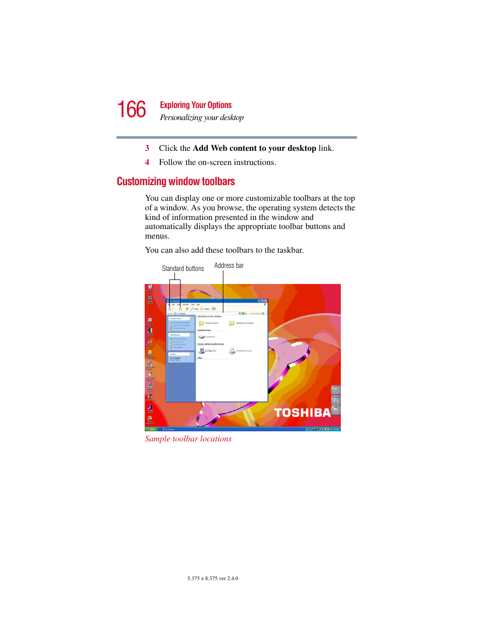 Customizing window toolbars | Toshiba Satellite 2415 Series User Manual | Page 166 / 279